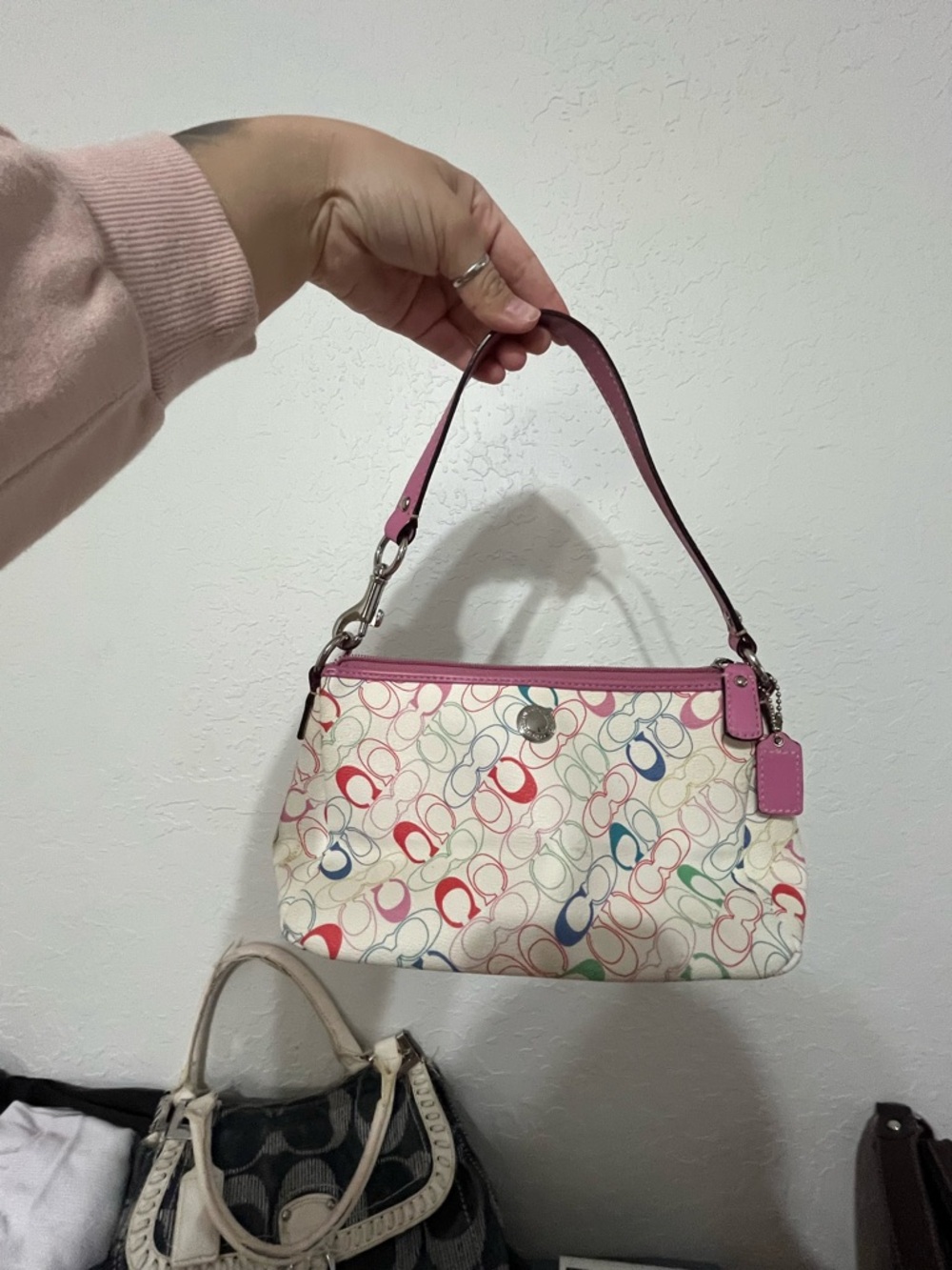 Coach Multicolor Signature Canvas Wristlet with Pink Trim